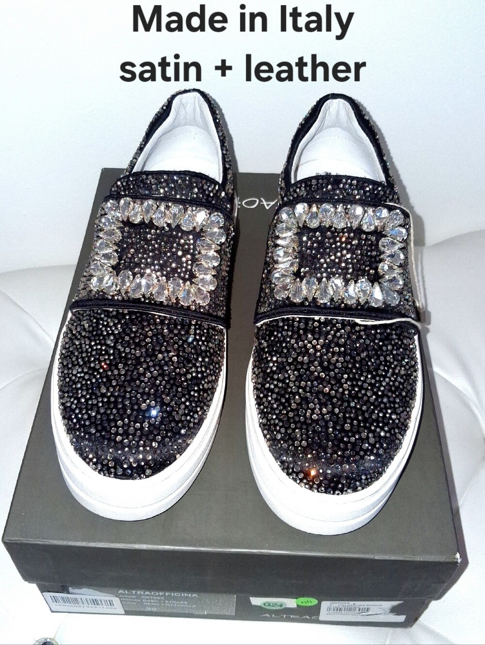 AltraOfficina Black Satin Rhinestone Slip On Sneakers White Sole Leather 39